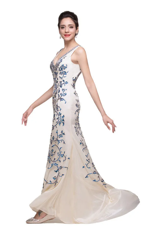 Ivory V-Neck Floor-length Appliques Mermaid Formal Dresses