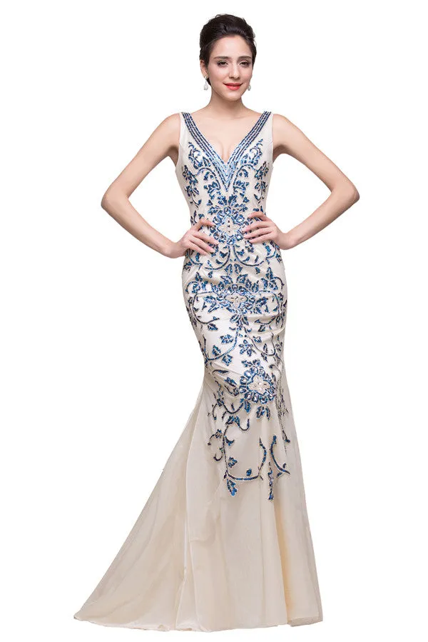 Ivory V-Neck Floor-length Appliques Mermaid Formal Dresses