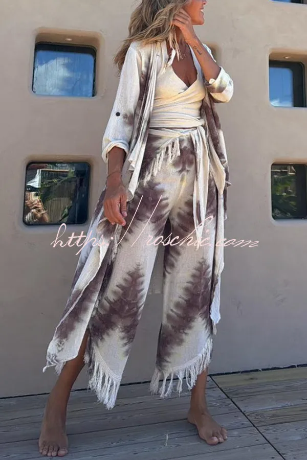 Katy Linen Blend Tie-dye Wrap Tie-up Tassel Trim Pants