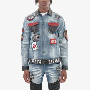 LIGHT BLUE DENIM JACKET W/ LEATHER & PATCHES