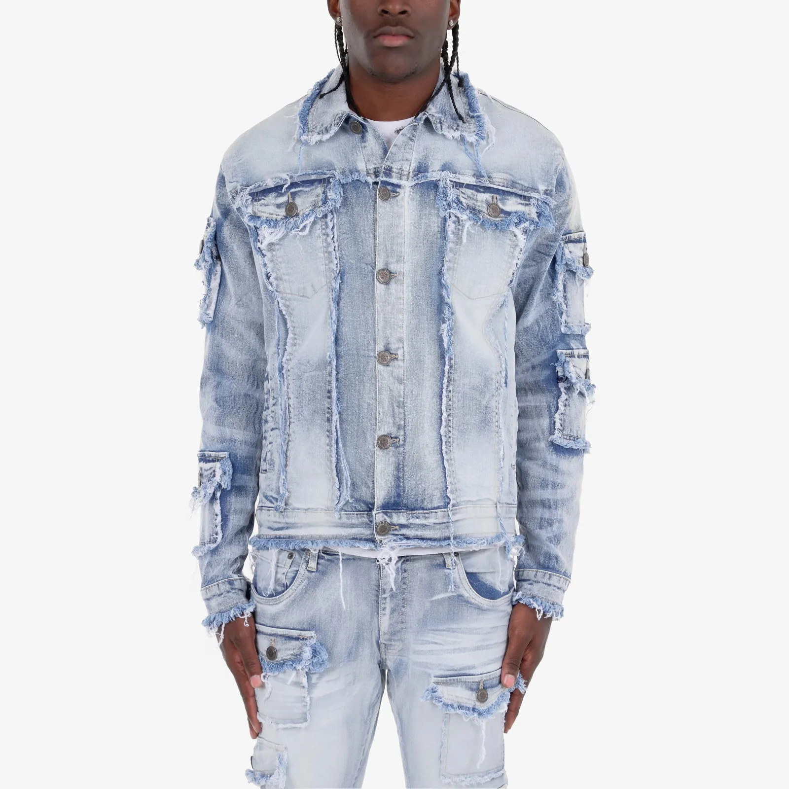 LIGHT SAND BLUE FRAYED DENIM JACKET