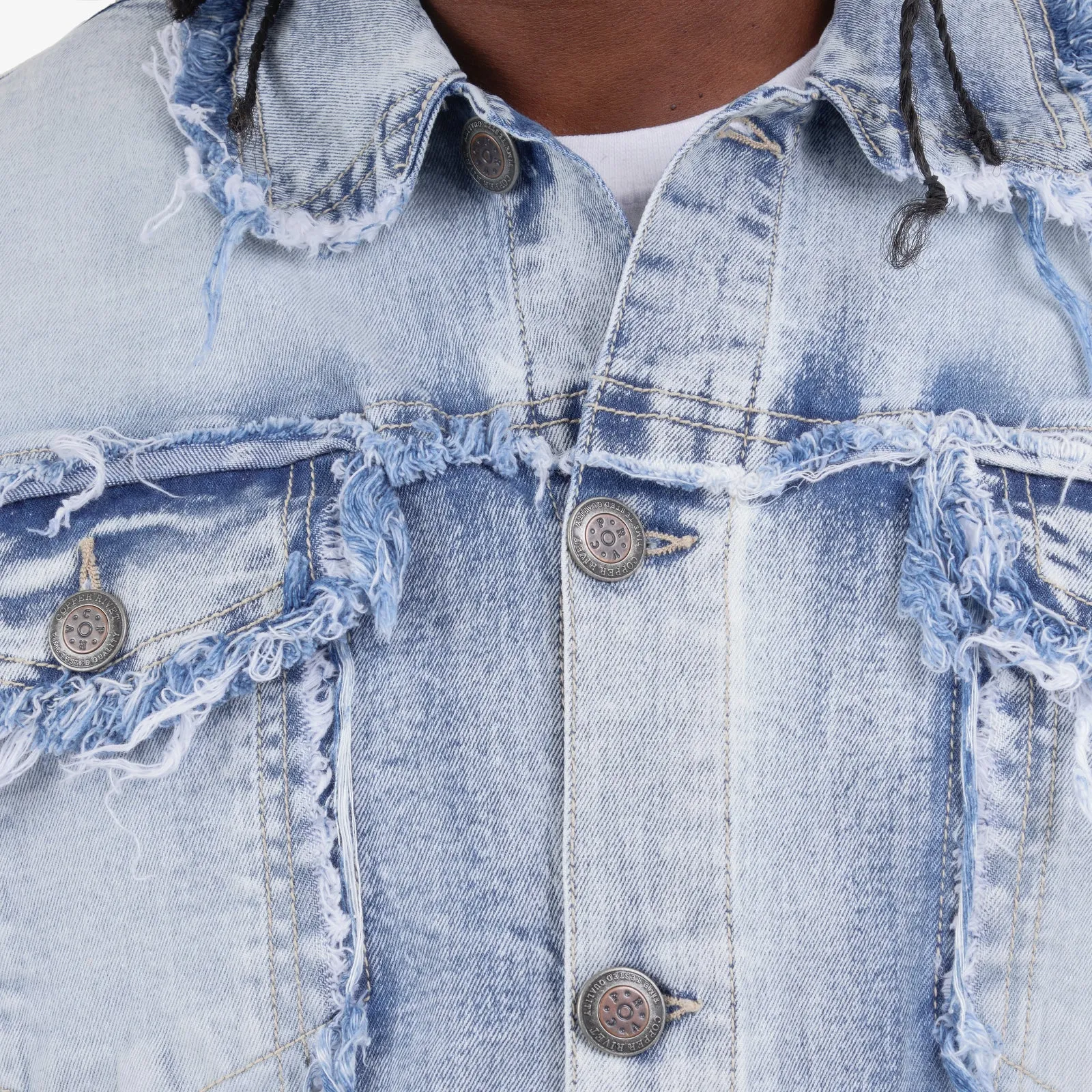 LIGHT SAND BLUE FRAYED DENIM JACKET