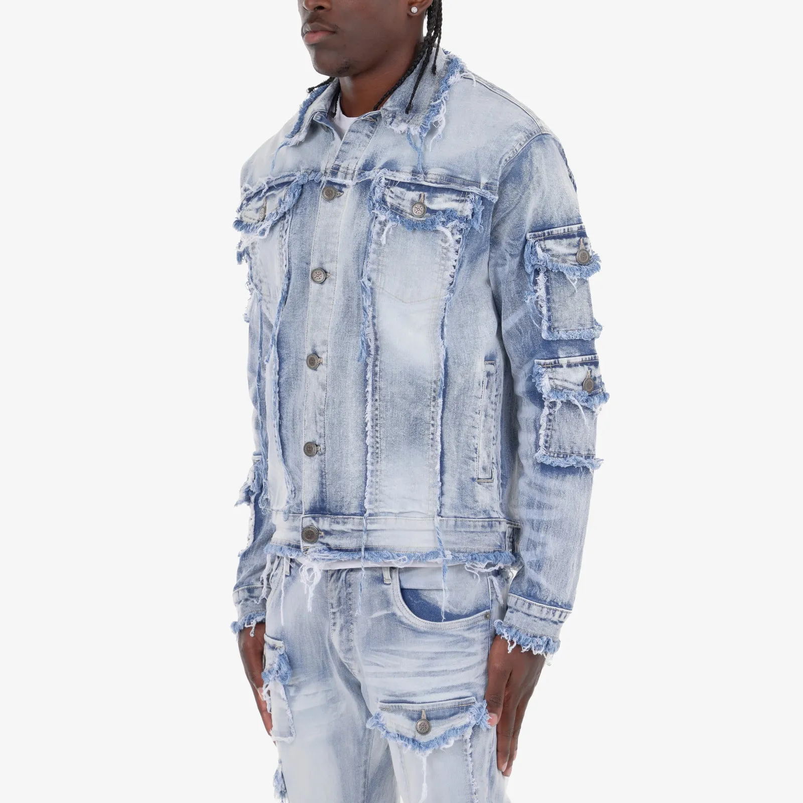 LIGHT SAND BLUE FRAYED DENIM JACKET