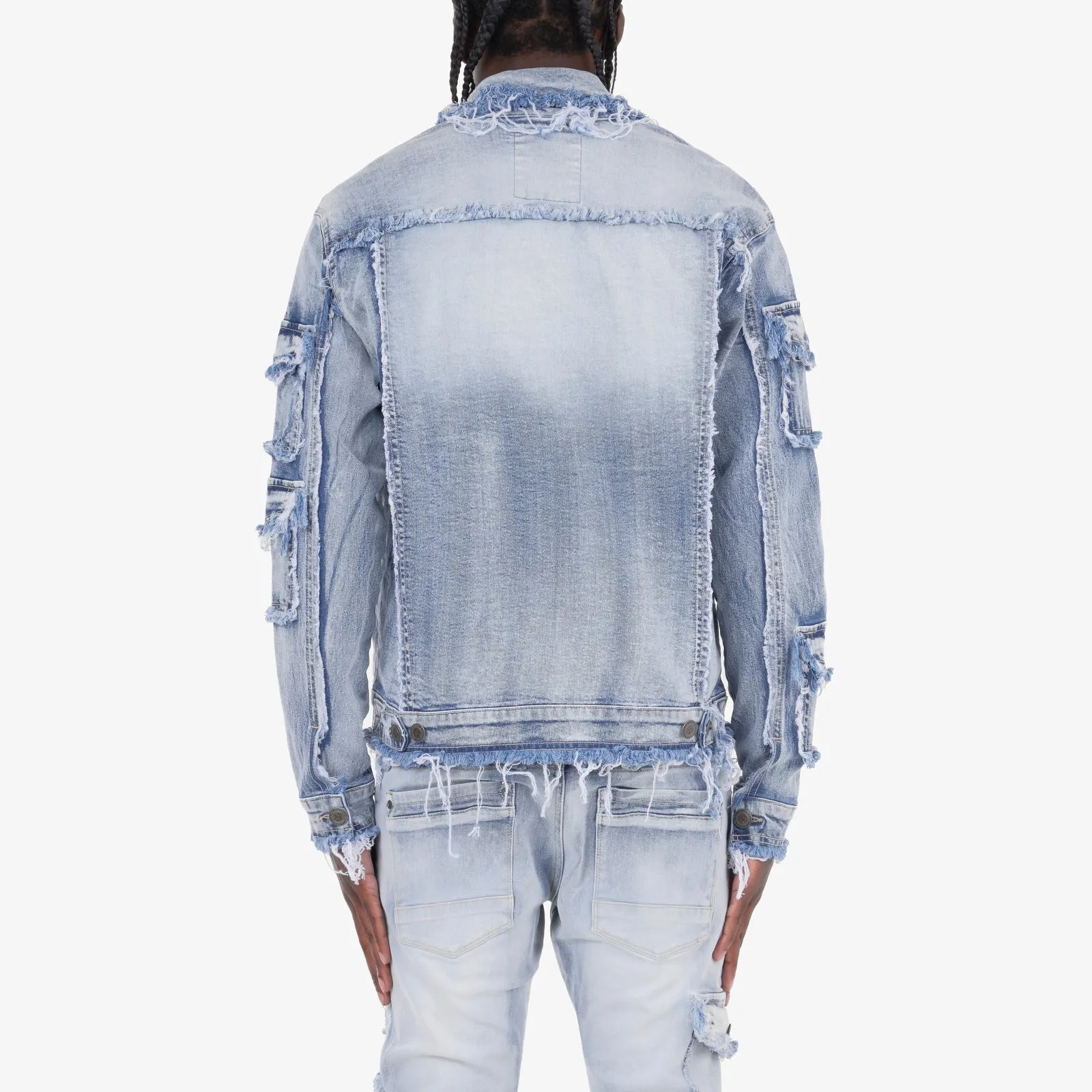 LIGHT SAND BLUE FRAYED DENIM JACKET