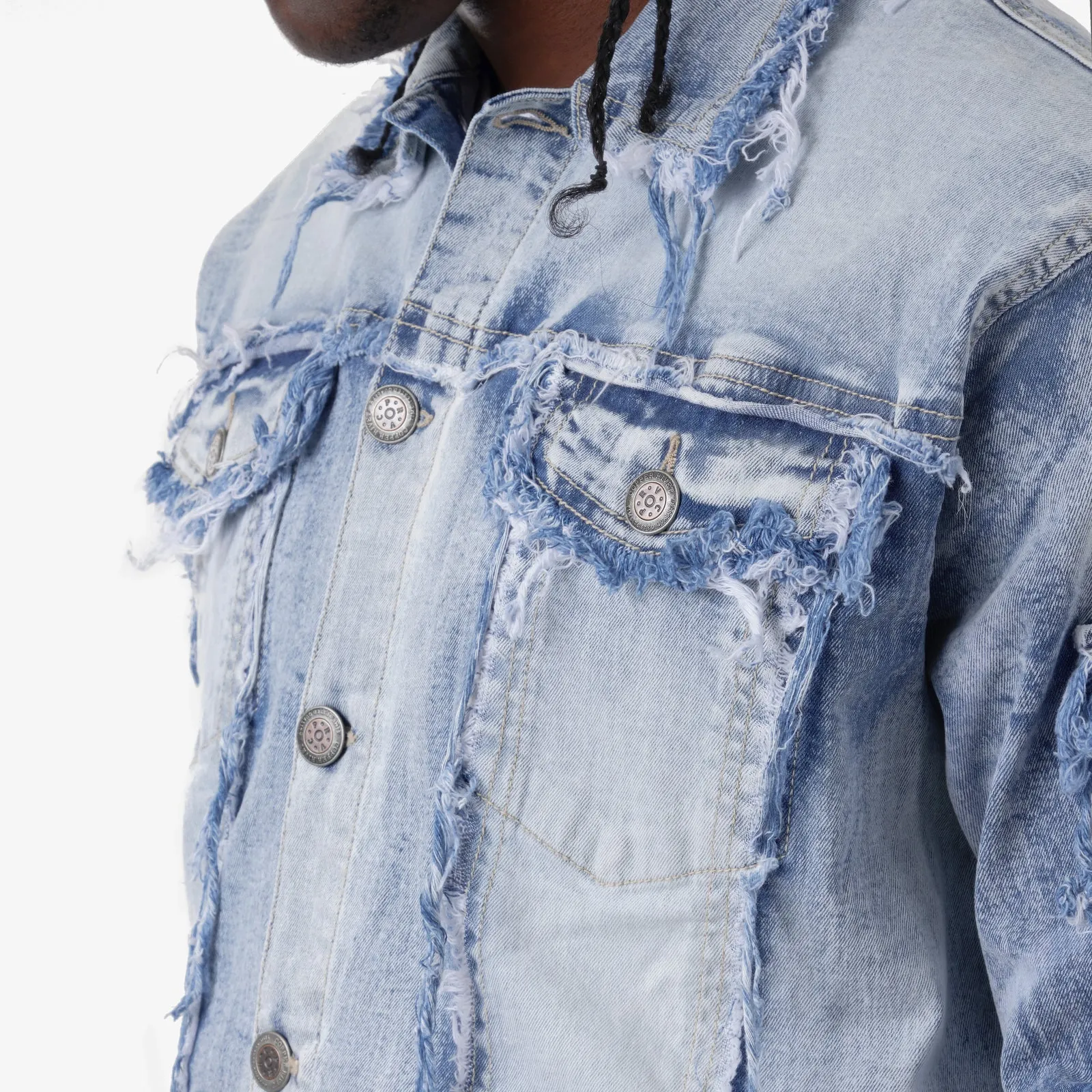 LIGHT SAND BLUE FRAYED DENIM JACKET