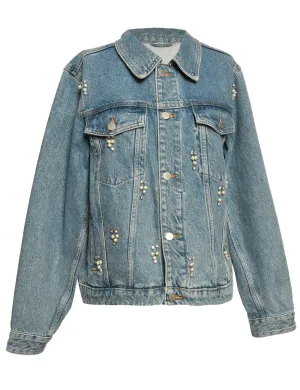 Light Wash Beaded Pearl Denim Jacket - M