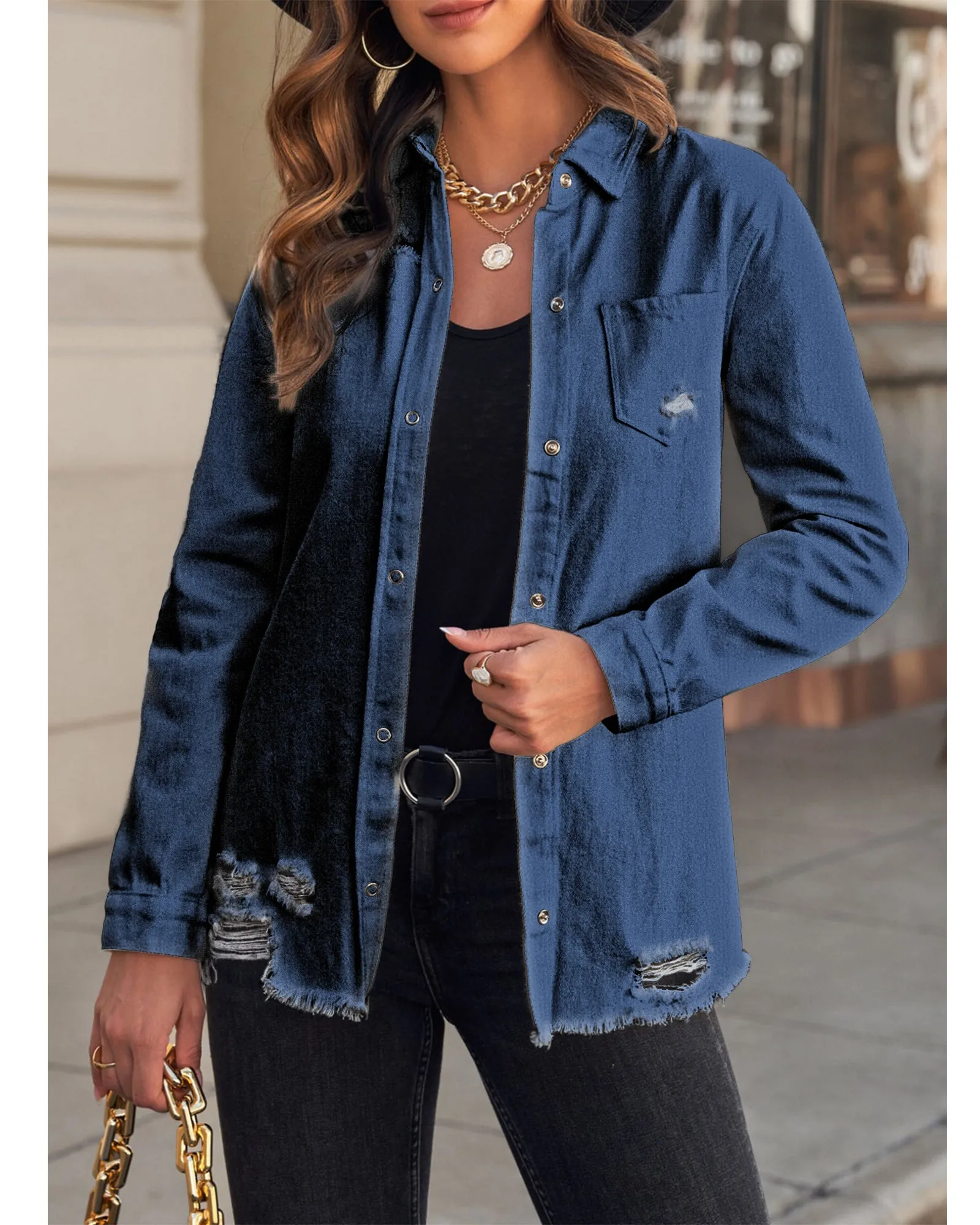 luvamia Womens Denim Jacket Distressed Button Down Jean Shirt For Women Ripped Shacket Coat