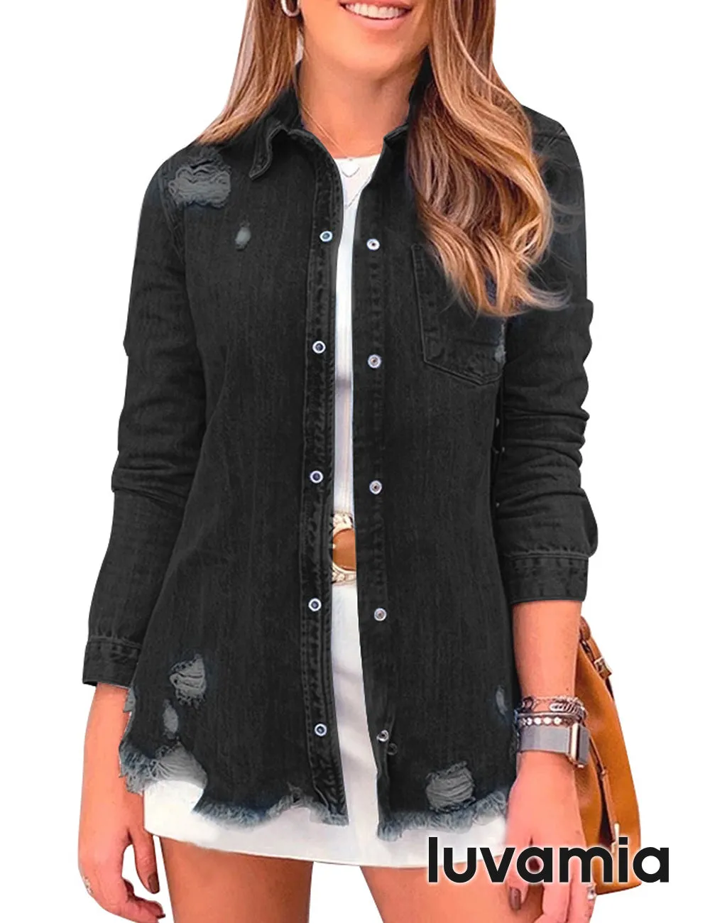 luvamia Womens Denim Jacket Distressed Button Down Jean Shirt For Women Ripped Shacket Coat