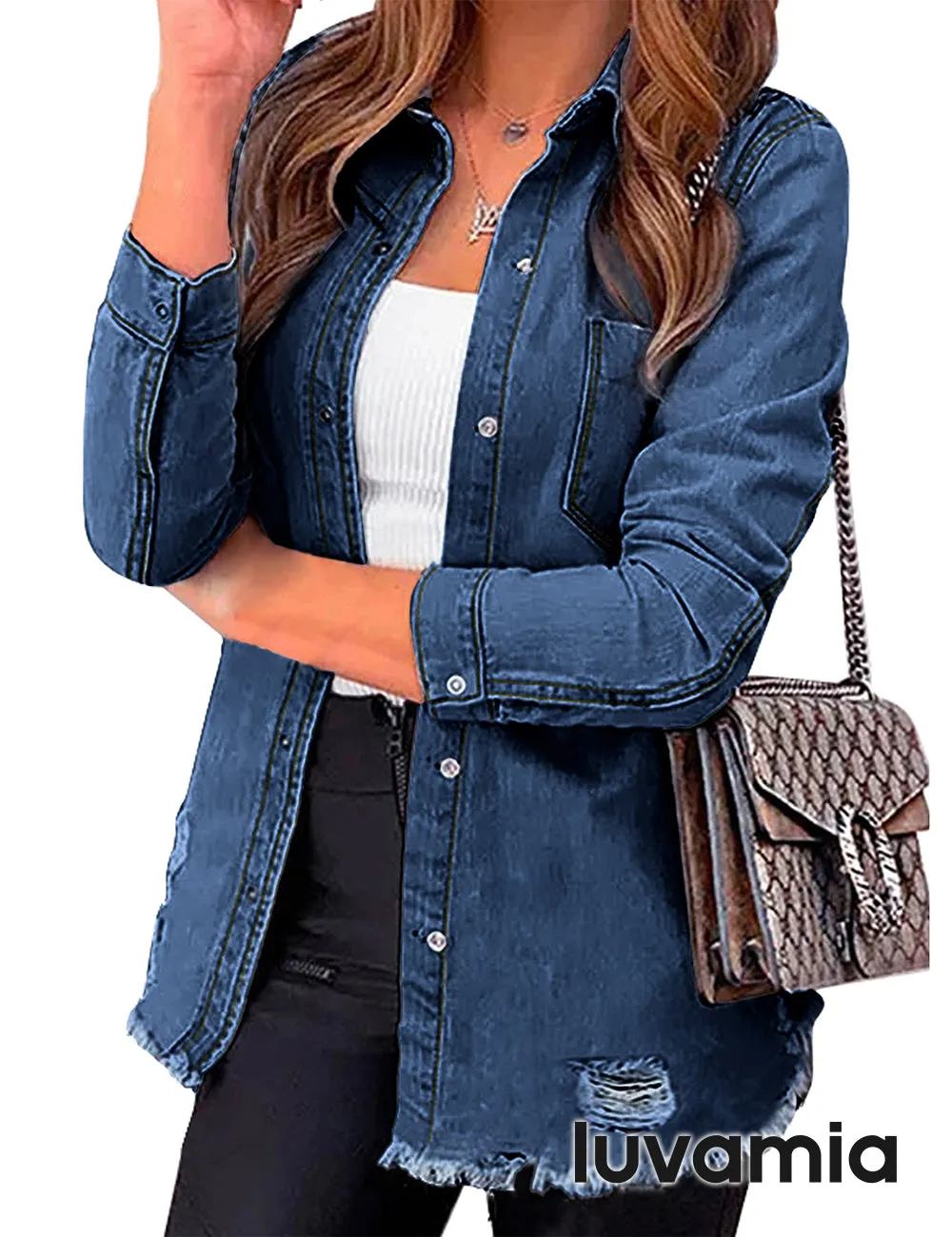 luvamia Womens Denim Jacket Distressed Button Down Jean Shirt For Women Ripped Shacket Coat