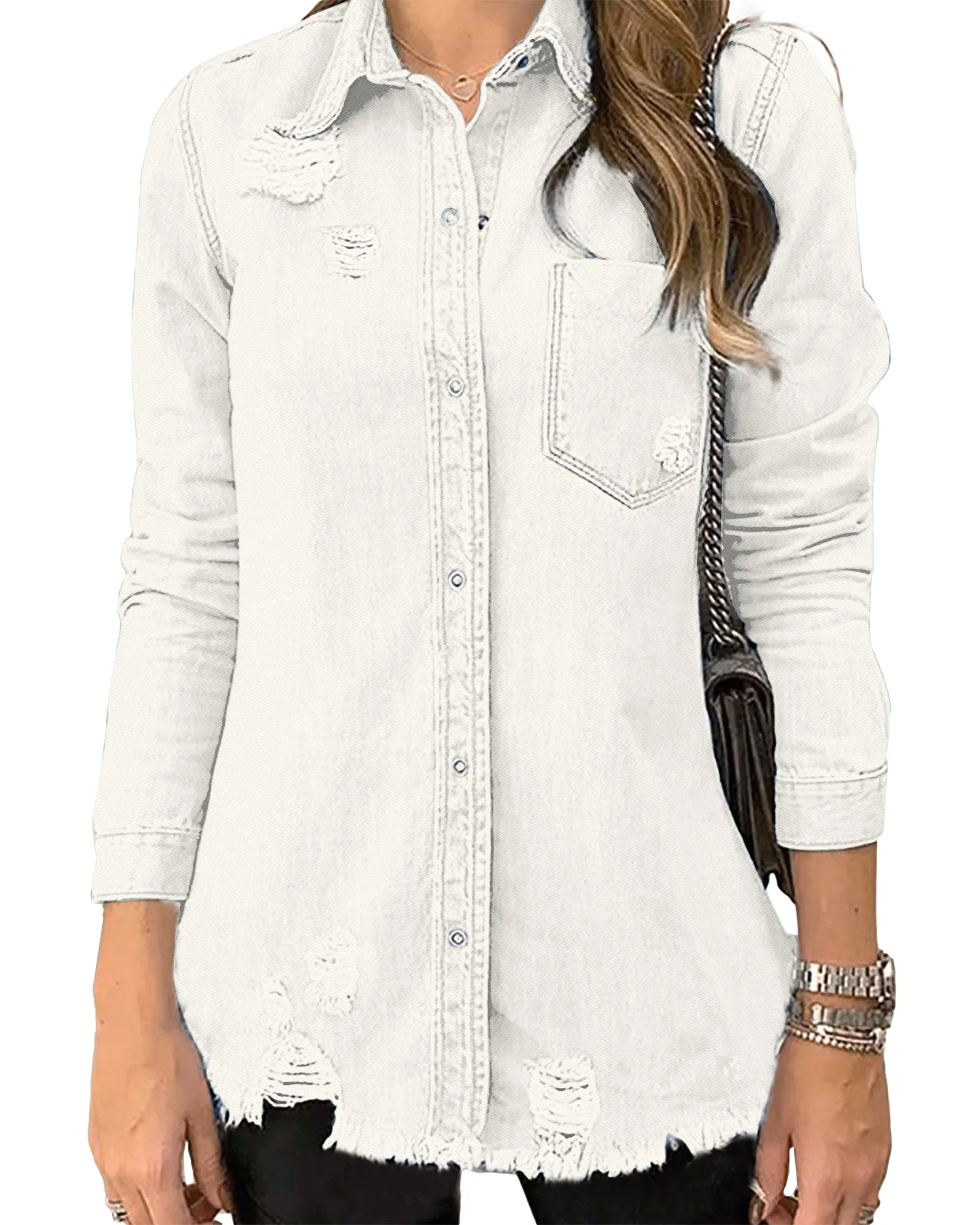 luvamia Womens Denim Jacket Distressed Button Down Jean Shirt For Women Ripped Shacket Coat