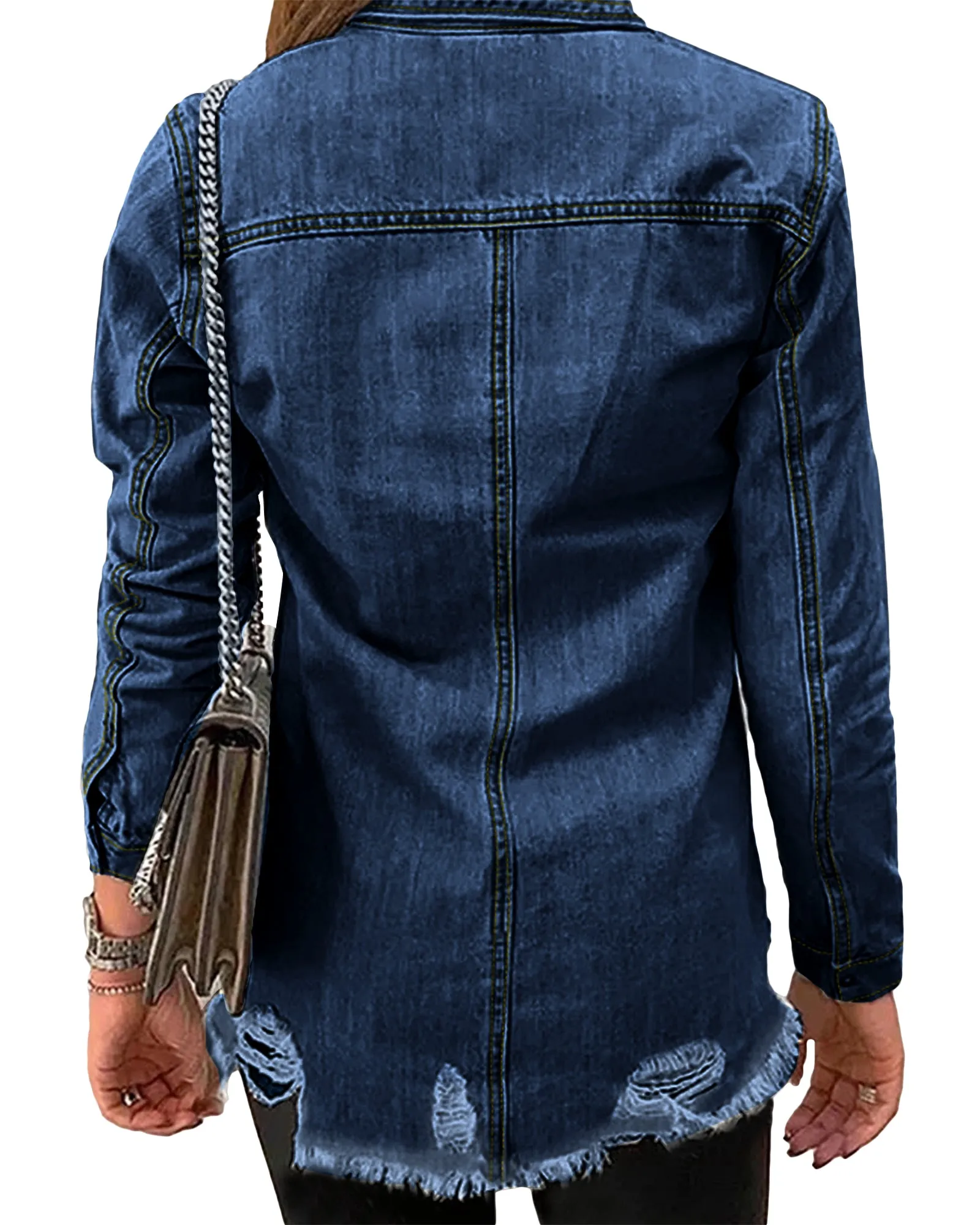 luvamia Womens Denim Jacket Distressed Button Down Jean Shirt For Women Ripped Shacket Coat