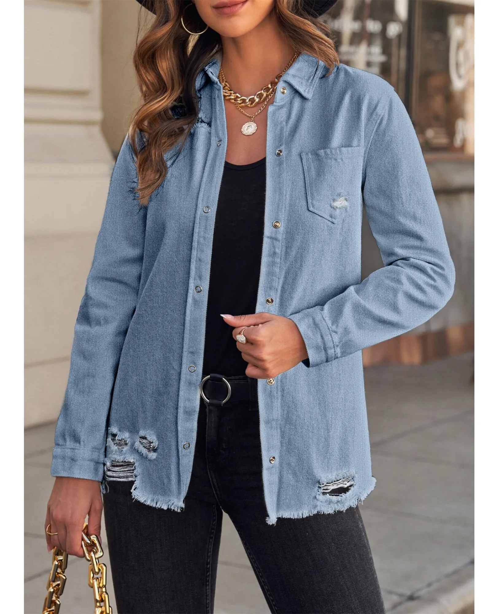 luvamia Womens Denim Jacket Distressed Button Down Jean Shirt For Women Ripped Shacket Coat