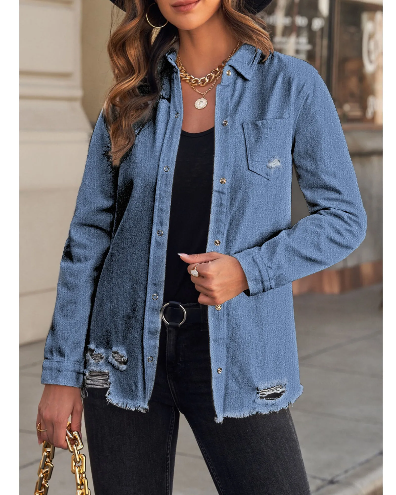 luvamia Womens Denim Jacket Distressed Button Down Jean Shirt For Women Ripped Shacket Coat