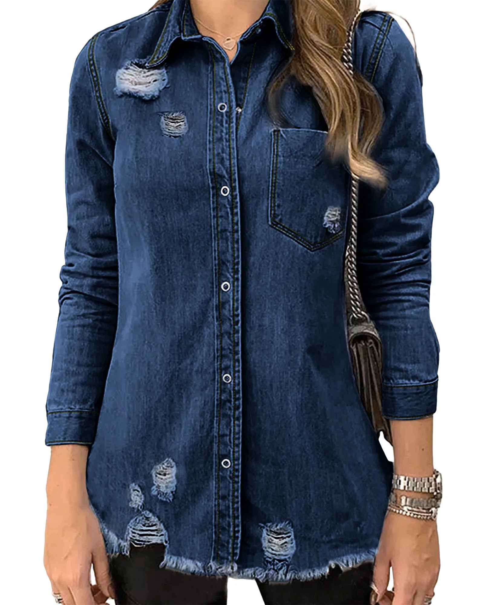 luvamia Womens Denim Jacket Distressed Button Down Jean Shirt For Women Ripped Shacket Coat