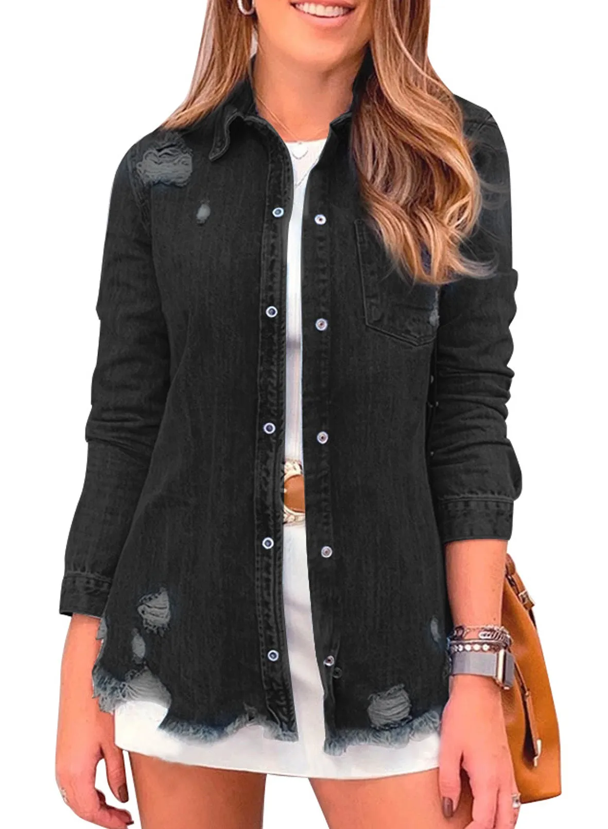 luvamia Womens Denim Jacket Distressed Button Down Jean Shirt For Women Ripped Shacket Coat