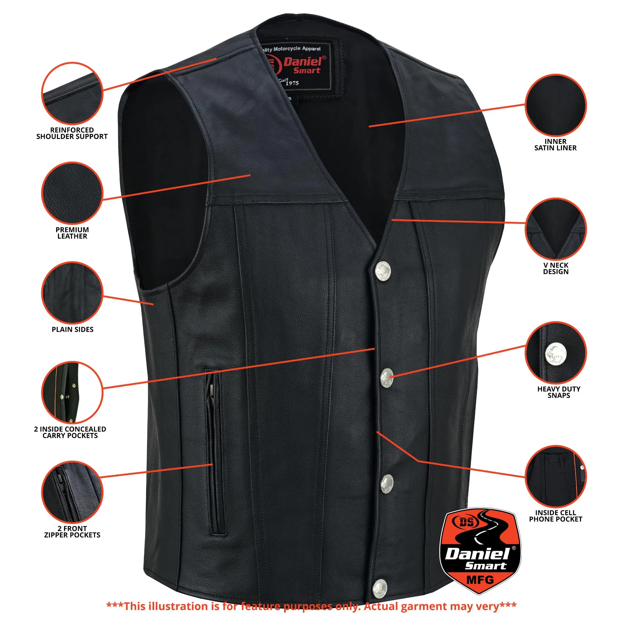 Men's Black Leather Concealed Carry Vest with Buffalo Nickel Snaps