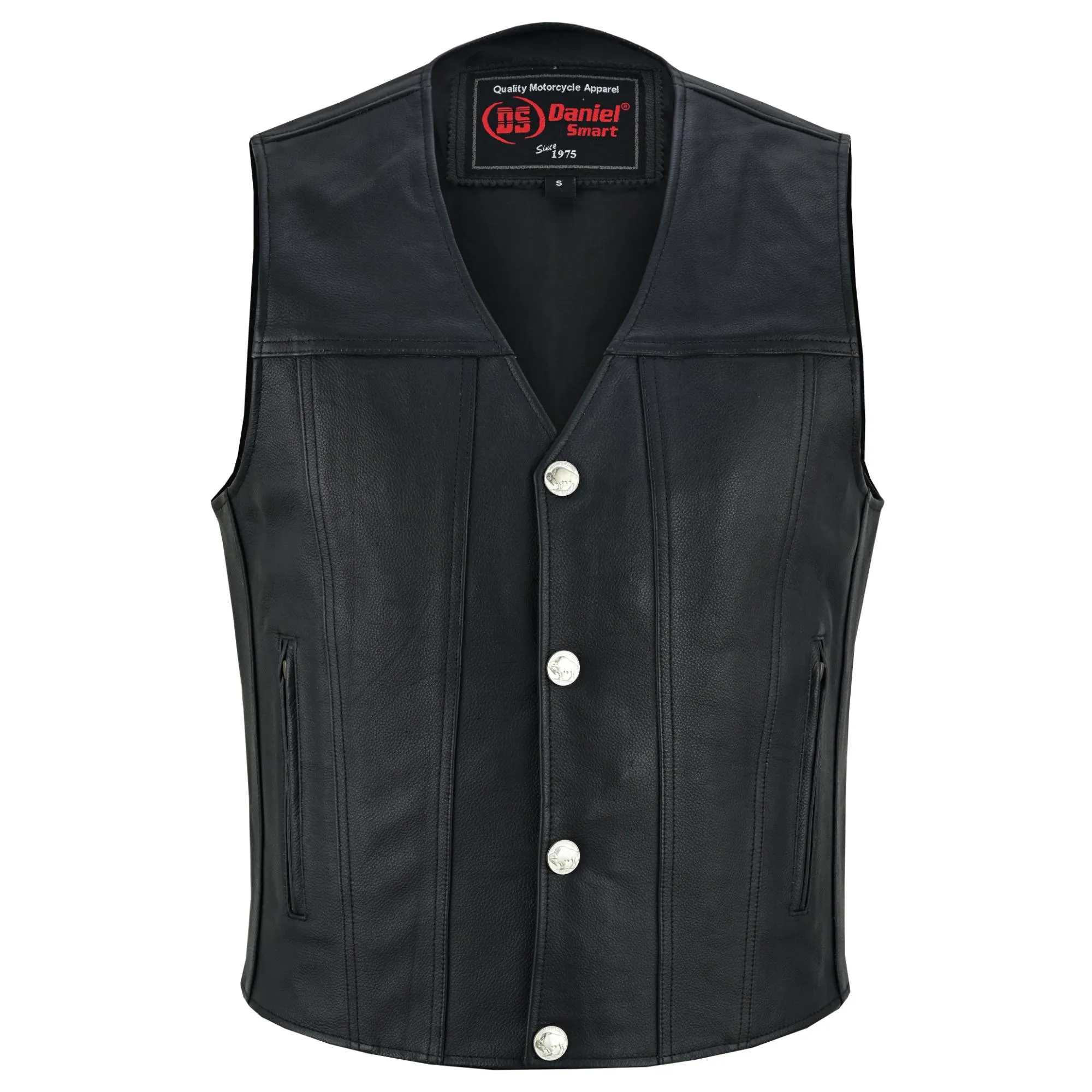 Men's Black Leather Concealed Carry Vest with Buffalo Nickel Snaps