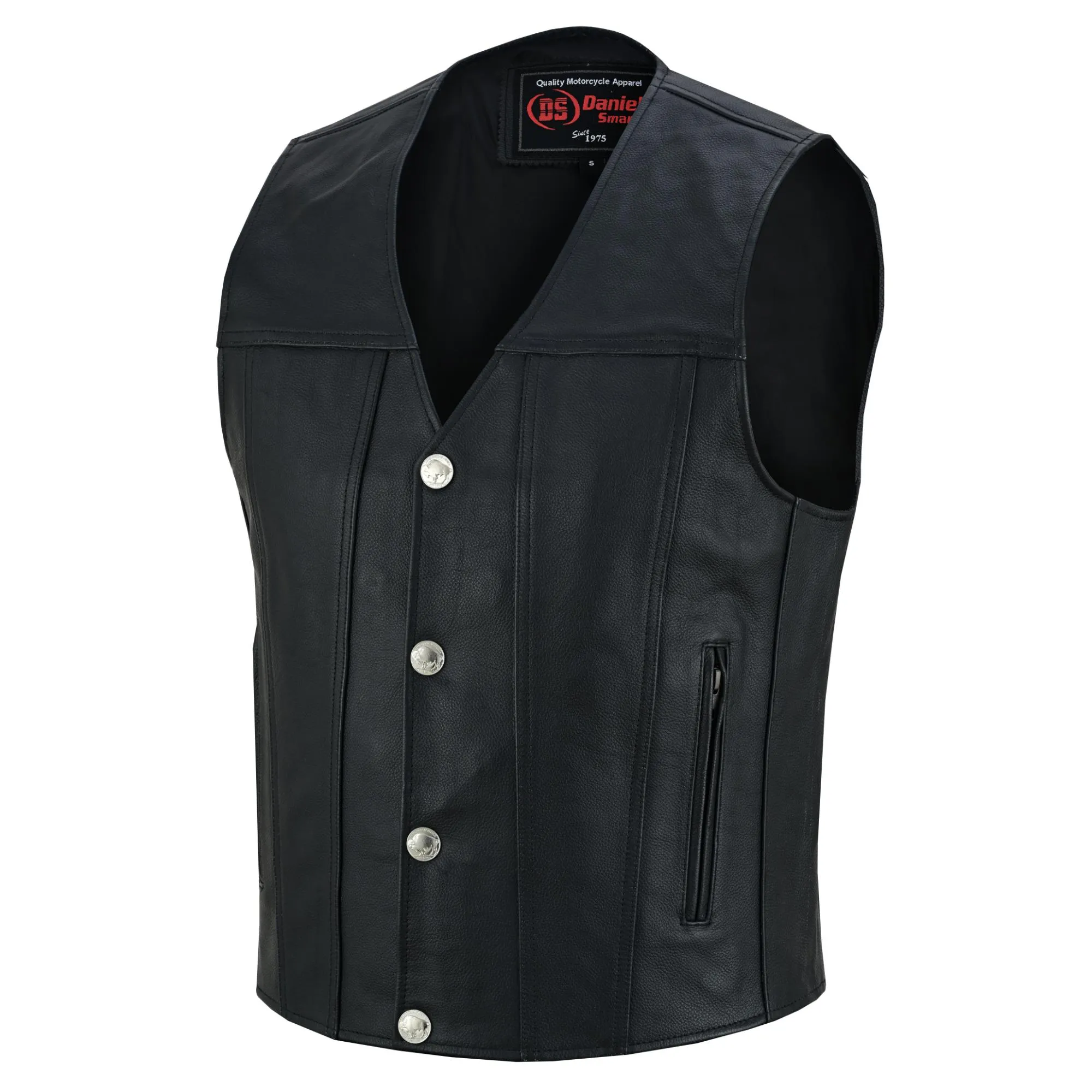 Men's Black Leather Concealed Carry Vest with Buffalo Nickel Snaps