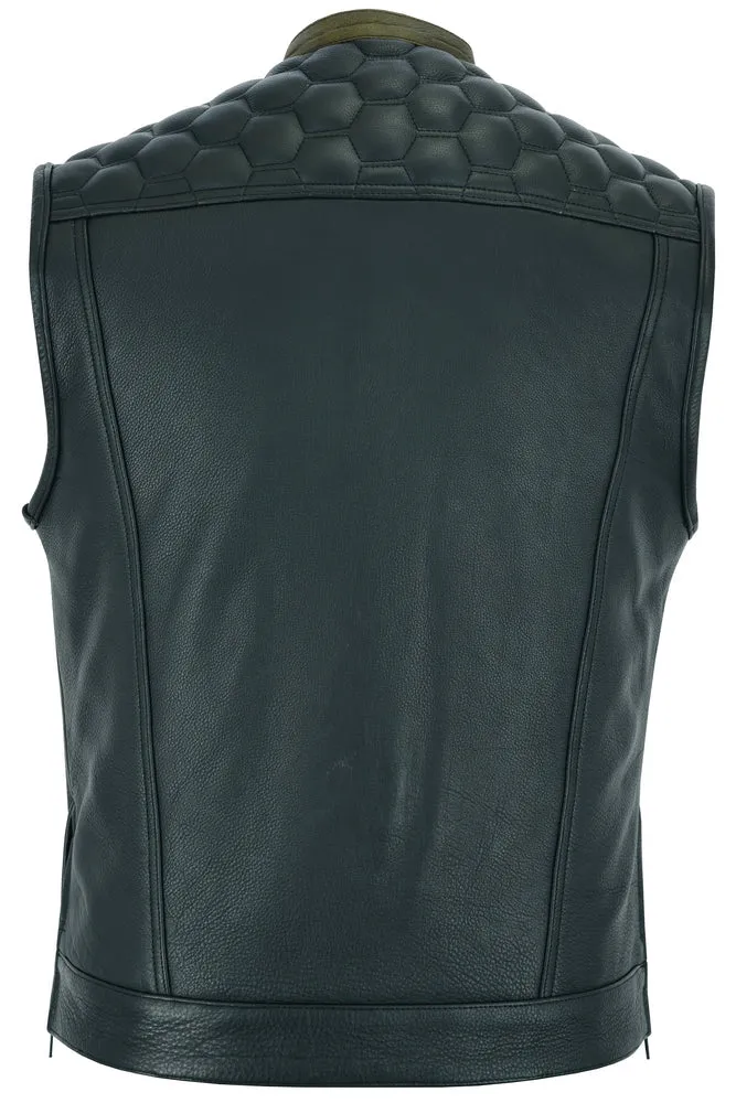 Men's Black Leather Whiskey Concealed Carry Vest with Scoop Collar