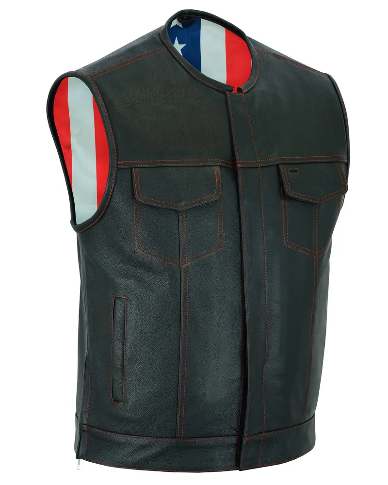 Men's Black Motorcycle Leather Vest with Red Stitching , USA Flag Lining