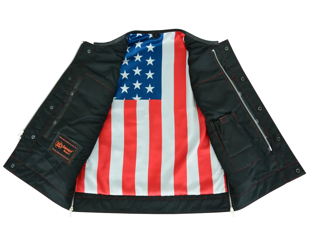 Men's Black Motorcycle Leather Vest with Red Stitching , USA Flag Lining