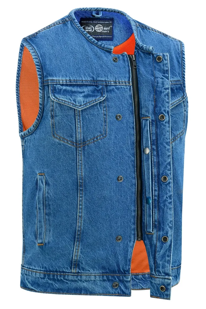 Men’s Denim Vest with Concealed Snaps, Hidden Zipper & Collarless Design