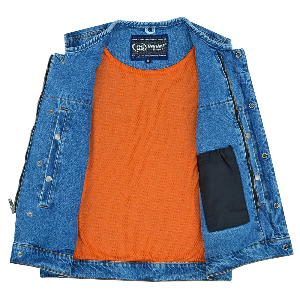 Men’s Denim Vest with Concealed Snaps, Hidden Zipper & Collarless Design