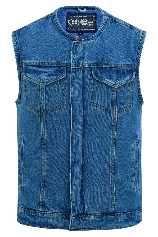 Men’s Denim Vest with Concealed Snaps, Hidden Zipper & Collarless Design