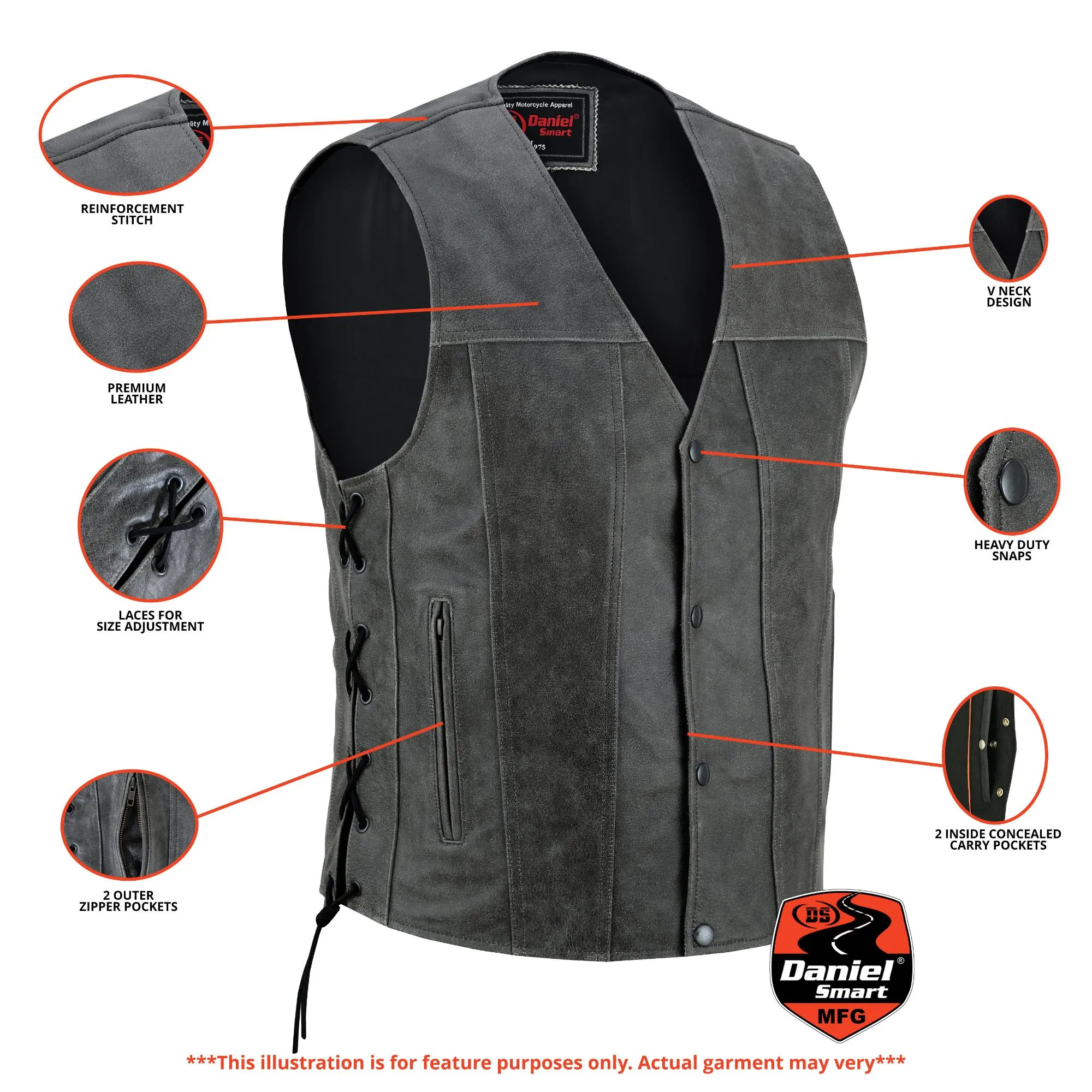 Men's Gray Single Back Panel Concealed Carry  Leather Vest