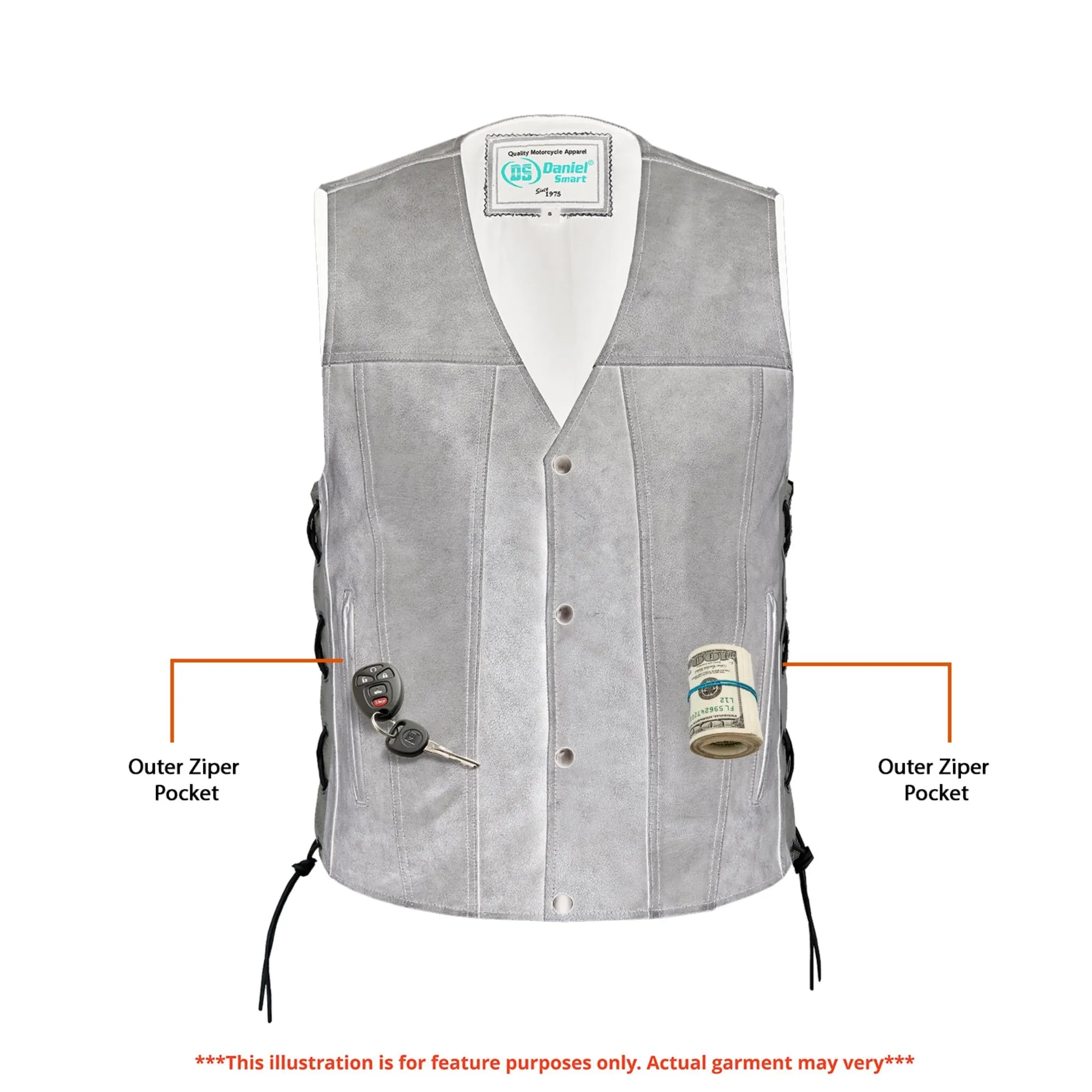 Men's Gray Single Back Panel Concealed Carry  Leather Vest