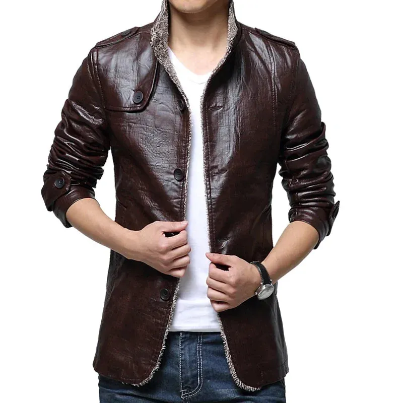 Men's High Quality Vintage PU Leather Slim Fur Collar Jacket