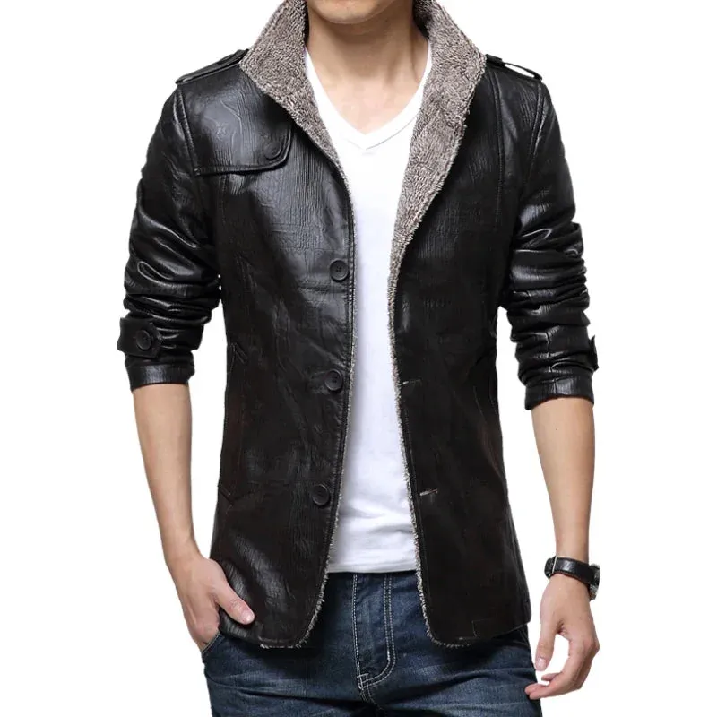 Men's High Quality Vintage PU Leather Slim Fur Collar Jacket