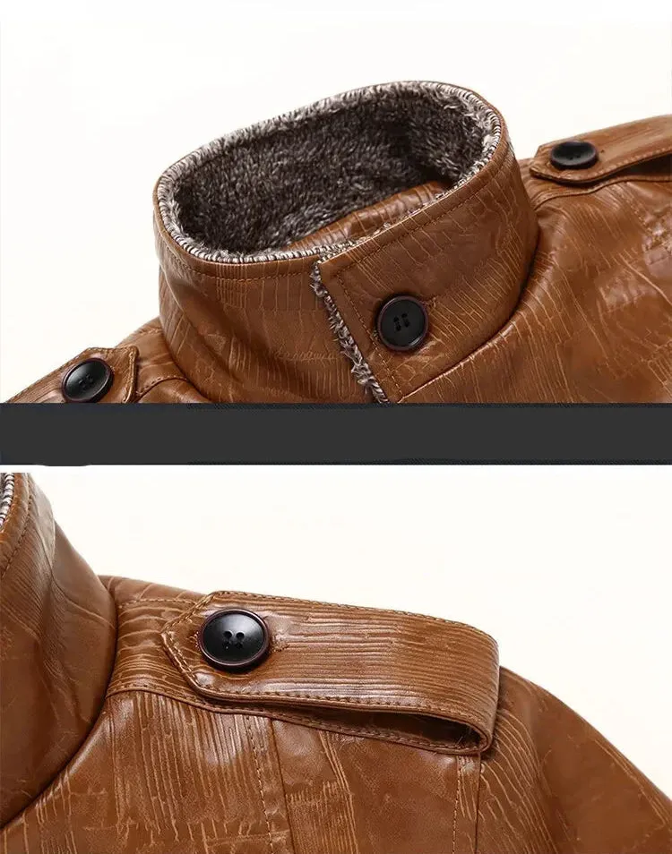 Men's High Quality Vintage PU Leather Slim Fur Collar Jacket