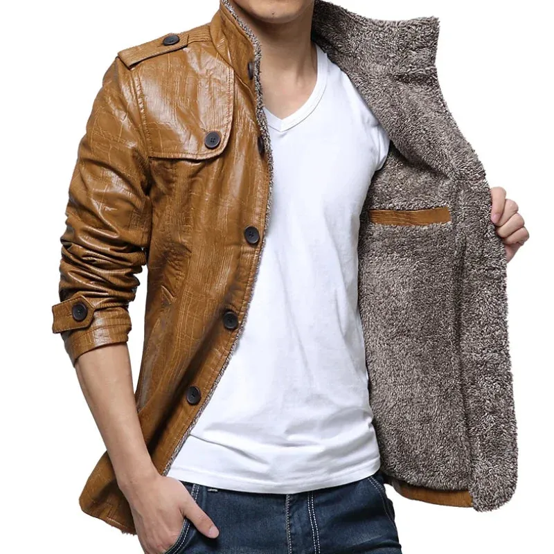 Men's High Quality Vintage PU Leather Slim Fur Collar Jacket