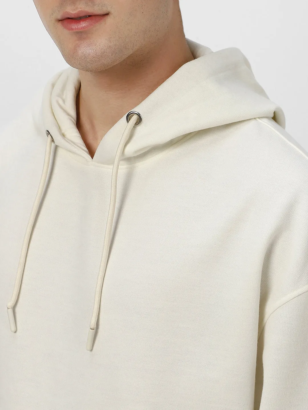 Men's Ivory Cotton Solid Oversized Hooded Neck Sweatshirt