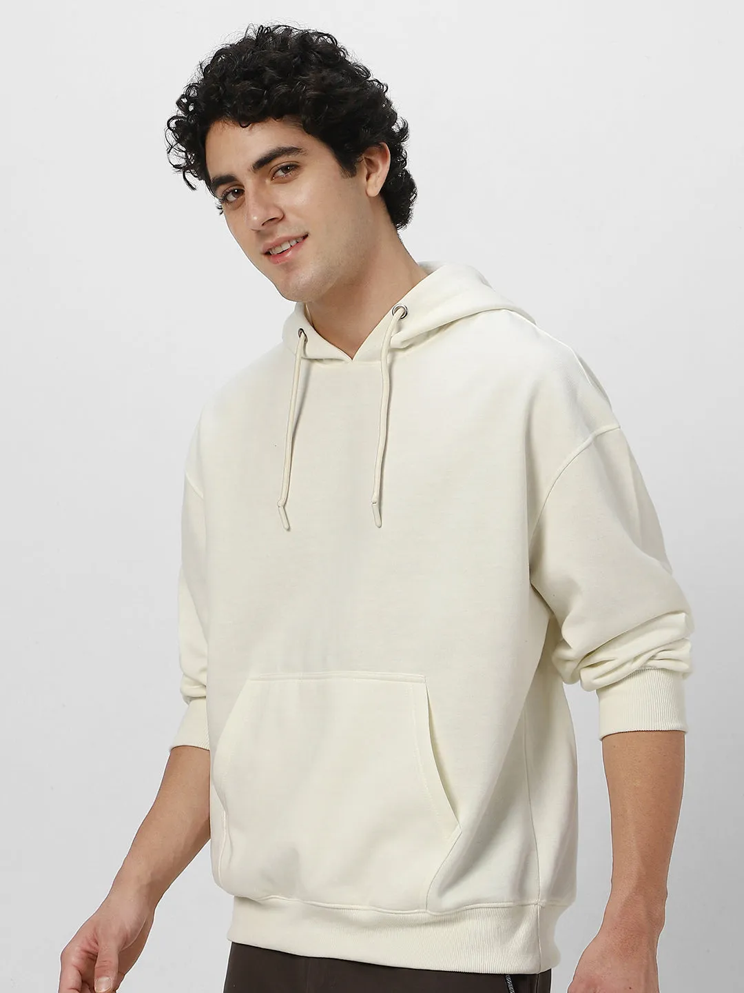 Men's Ivory Cotton Solid Oversized Hooded Neck Sweatshirt