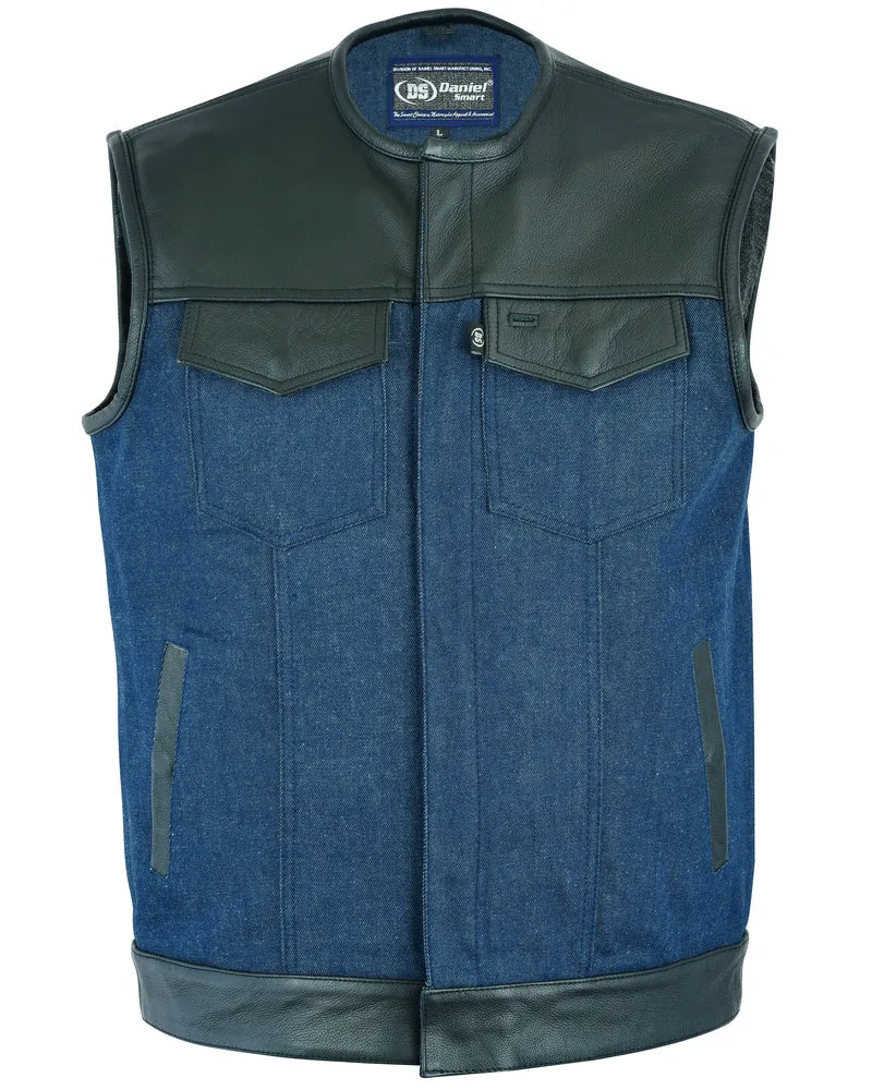 Men's Leather/Denim Combo Vest (Black/Broken Blue)