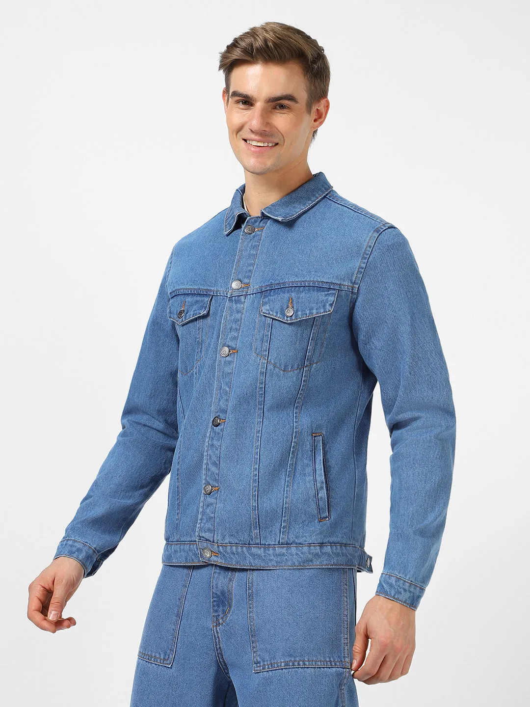 Men's Light Blue Solid Regular Fit Washed Full Sleeve Denim Jacket