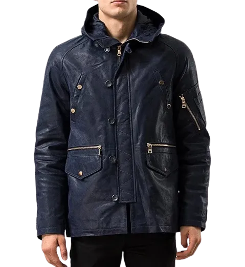 Mens Maverick Front Button Navy Blue Hooded Leather Coat