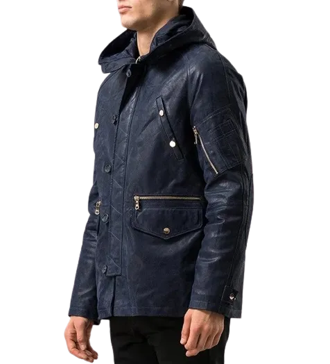 Mens Maverick Front Button Navy Blue Hooded Leather Coat