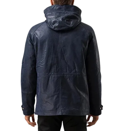 Mens Maverick Front Button Navy Blue Hooded Leather Coat