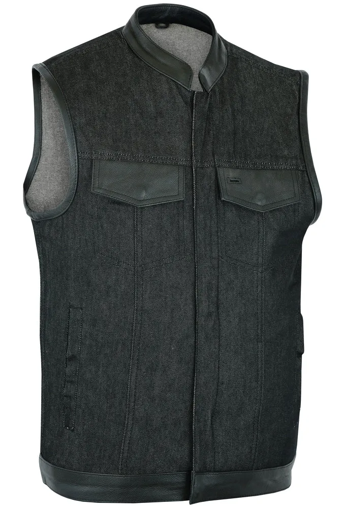 Men's Rough Rub-Off Raw Finish Denim Vest W/Leather Trim - Scoop Collar