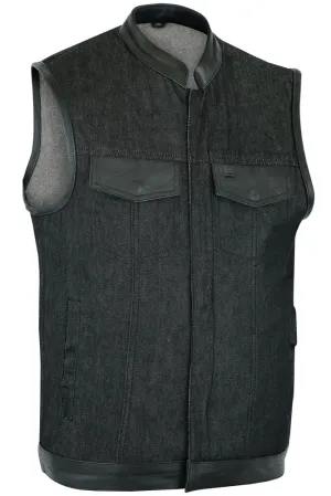 Men's Rough Rub-Off Raw Finish Denim Vest W/Leather Trim - Scoop Collar