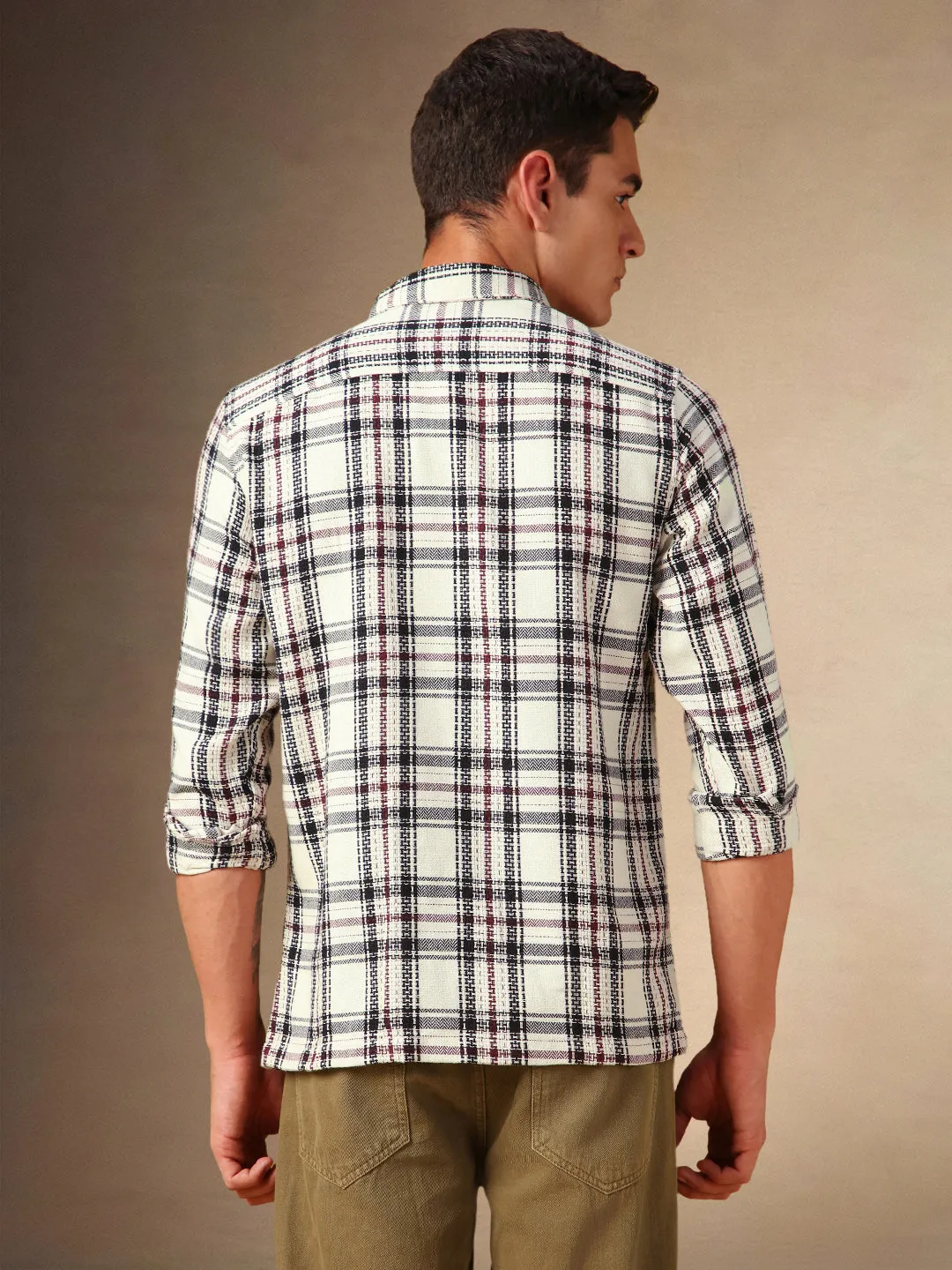 Men's White Checks Button Down collar Full Sleeves Casual Shirt