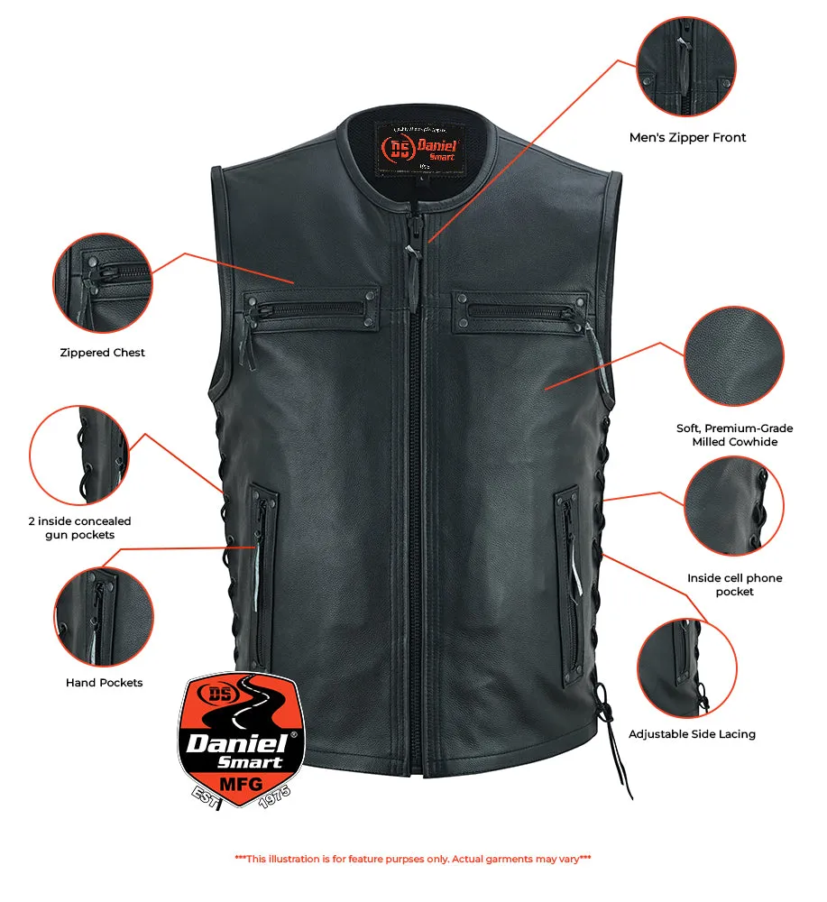 Men's Zipper Front Single Back Panel Concealed Carry Leather Vest