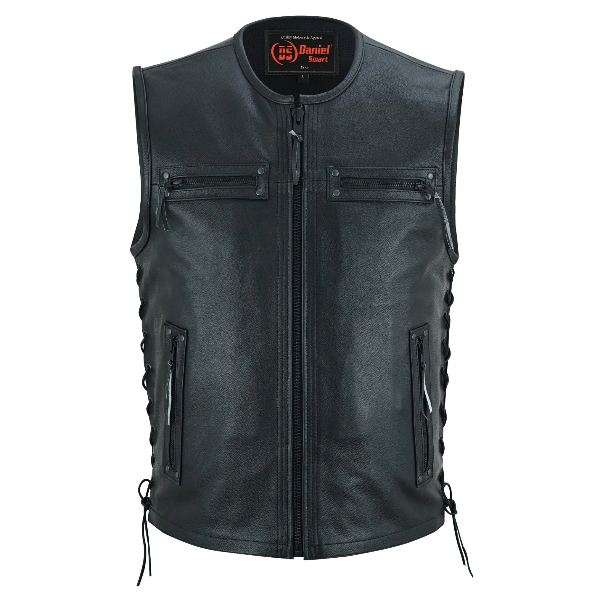 Men's Zipper Front Single Back Panel Concealed Carry Leather Vest