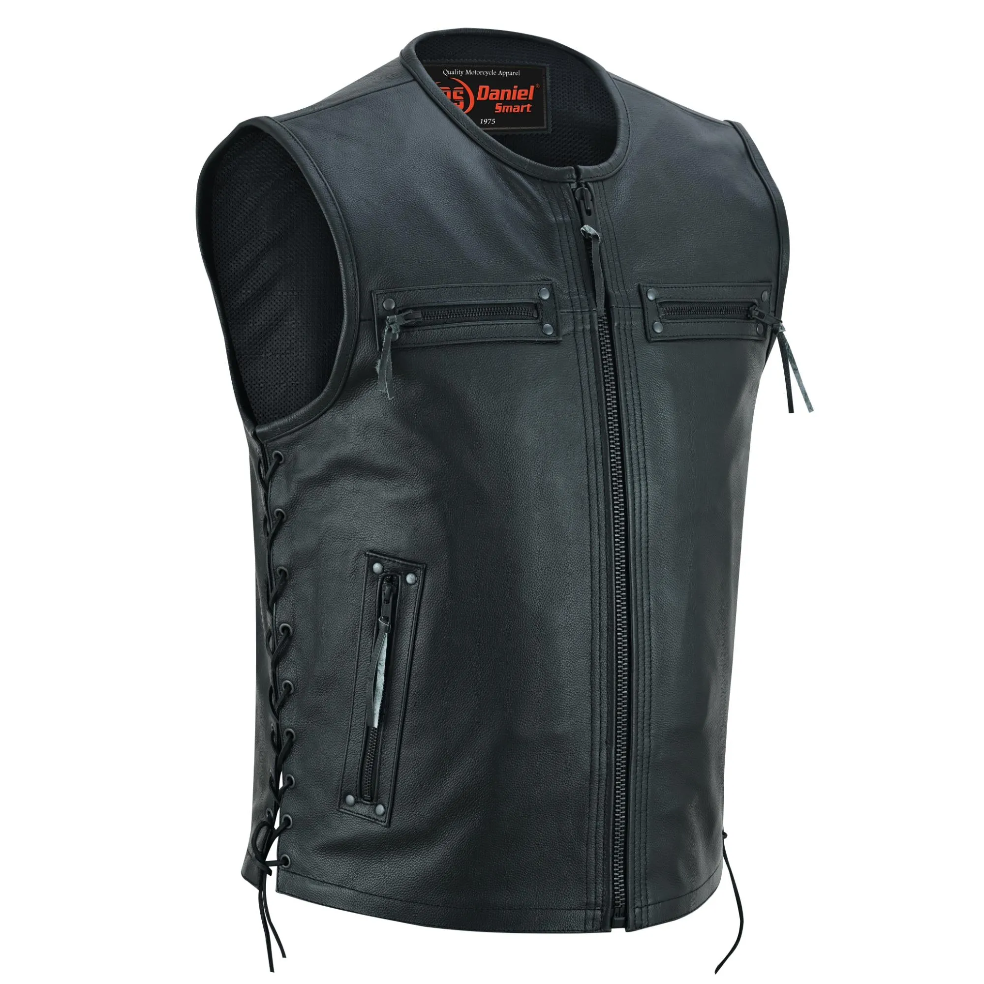 Men's Zipper Front Single Back Panel Concealed Carry Leather Vest