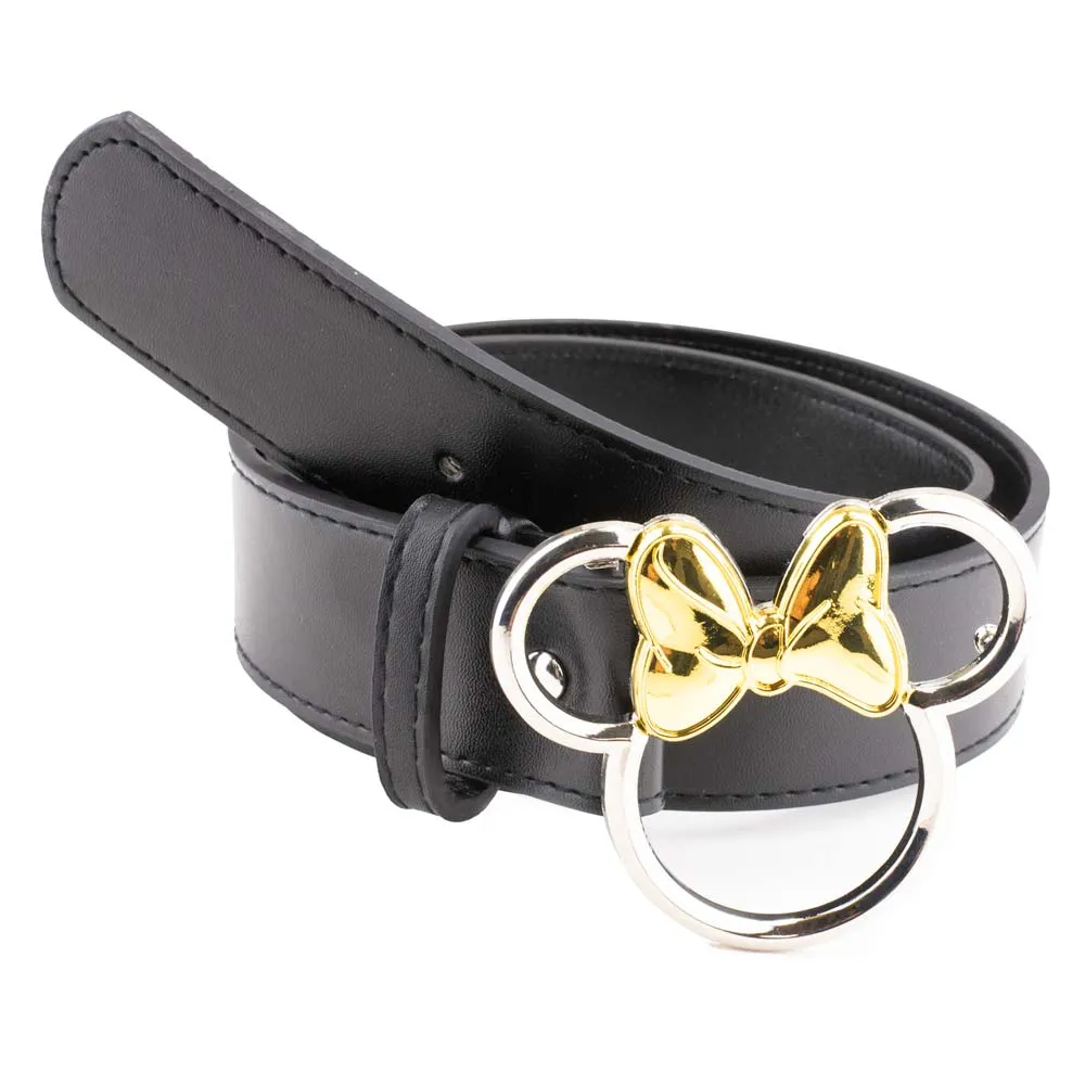 Minnie Mouse Ears w/Bow Outline Silver/Gold Cast Buckle - Black PU Strap Belt