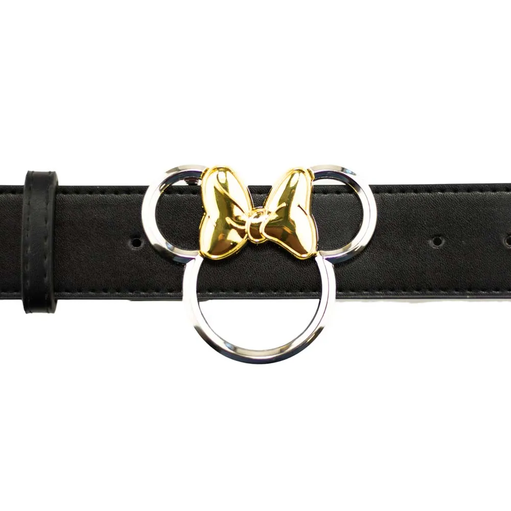 Minnie Mouse Ears w/Bow Outline Silver/Gold Cast Buckle - Black PU Strap Belt