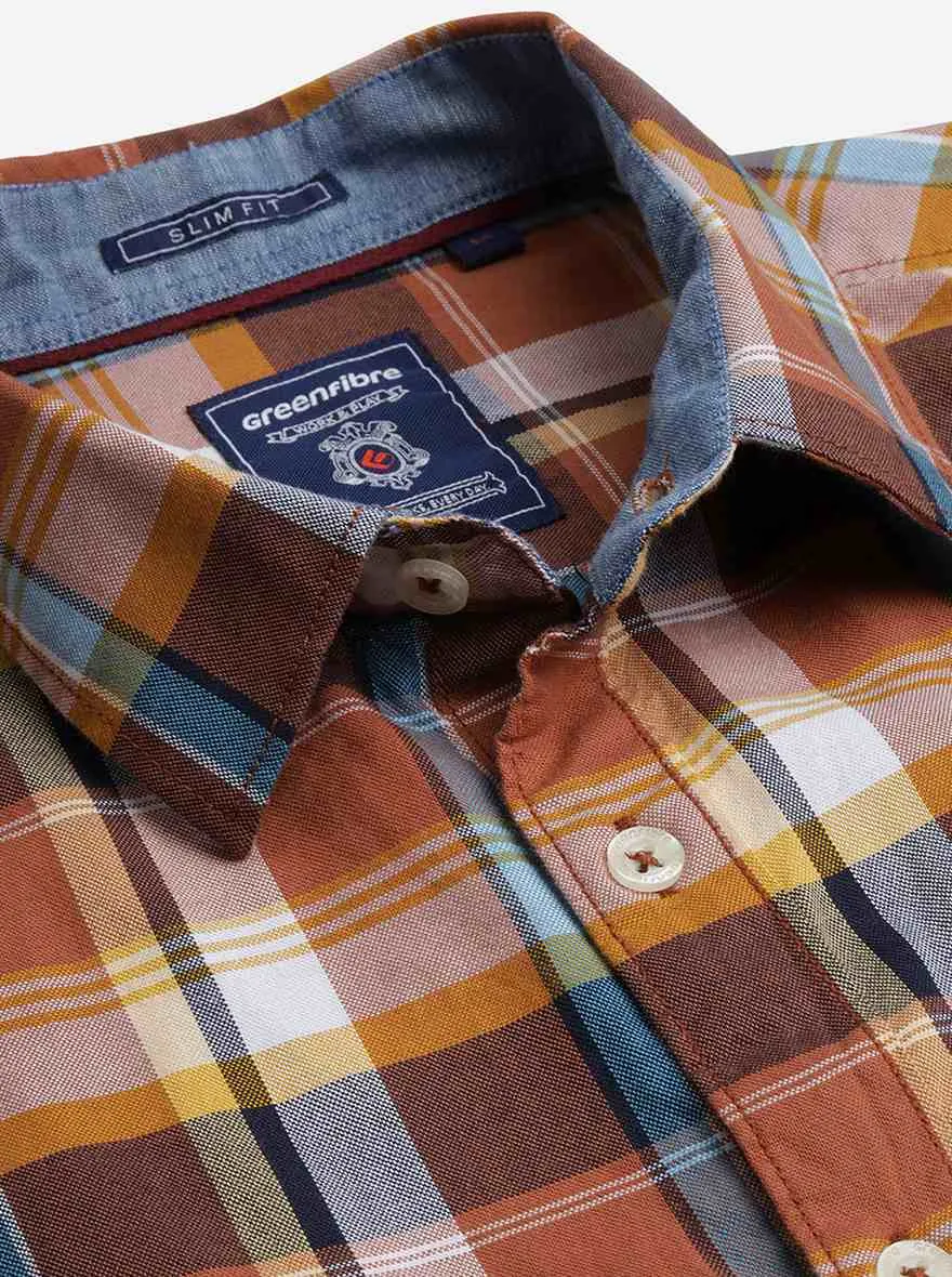 Mocha Mousse Checked Slim Fit Casual Shirt | Greenfibre